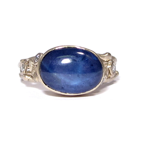 Leafy Gold Engagement Band with Blue Star Sapphire & Diamonds Ring