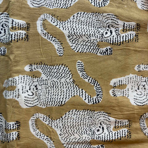 Cotton Block Print Fabric: Mustard with Tigers