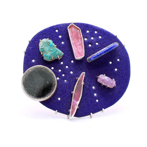 Sugar Fired Blue Enamel Brooch with Gemstones