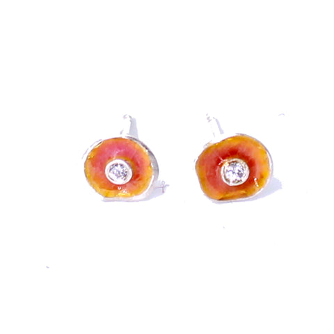 Peach Enamel Stud Earrings with Diamonds