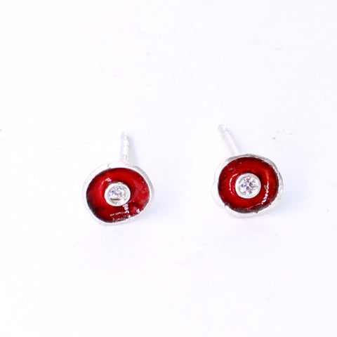 Red Enamel Stud Earrings with Diamonds