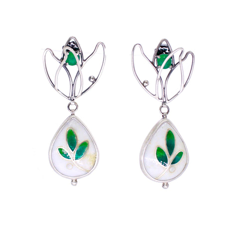 Green & White Leafy Enamel Earrings
