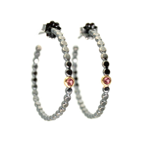 Dotted Hoop Earrings with Red Sapphires