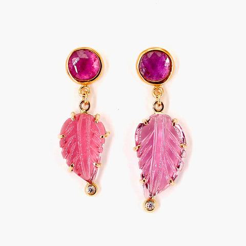 Pink Tourmaline Leaf Gold Earrings