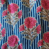 Silk /Cotton Blend Fabric: Pink Flowers on Blue Lines