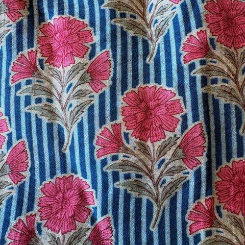 Silk /Cotton Blend Fabric: Pink Flowers on Blue Lines