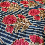 Silk /Cotton Blend Fabric: Pink Flowers on Blue Lines