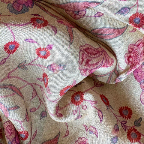 Silk /Cotton Blend Fabric: Cream with Pink Variety Flowers