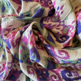 Silk /Cotton Blend Fabric: Printed Deep Purple & Green Ikat