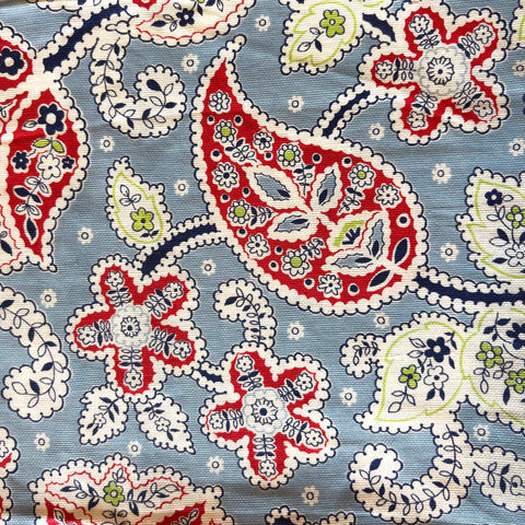 Vintage-Inspired Cotton Fabric: Blue & Red Paisley