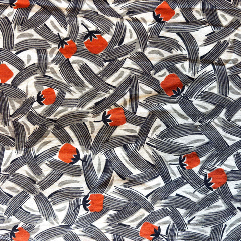 Vintage-Inspired Cotton Fabric: Gray Swoops & Red Flowers