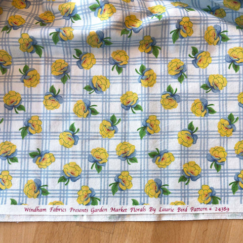 Vintage-Inspired Cotton Fabric: Yellow Flowers on Blue Ginham