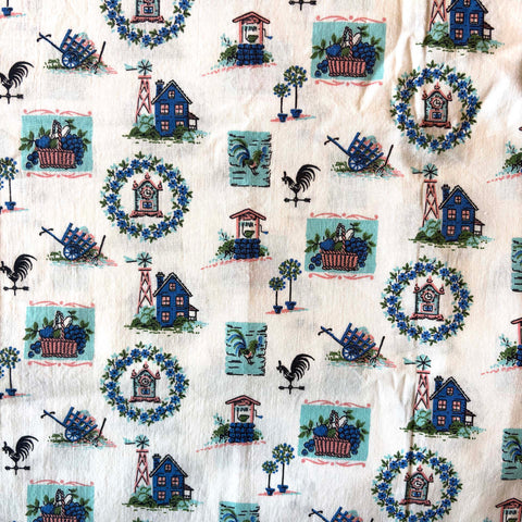 Vintage Cotton Fabric: Blue & White Farm Life