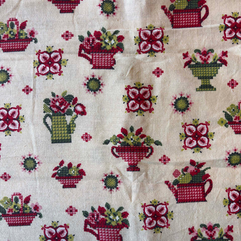 Vintage Cotton Indian Head Cloth: Flowers & Watering Cans