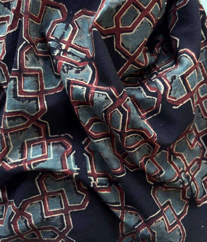 Cotton Ajrak Fabric Yardage: Brown, Yellow & Blue Geometric