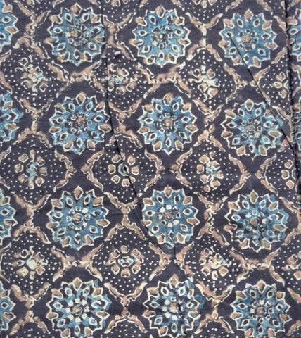 Cotton Ajrak Fabric Brown with Blue Yardage