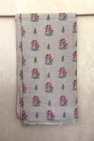Pink/Green Flowers and Leaves on Silk & Cotton Blend