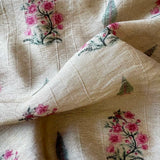 Pink/Green Flowers and Leaves on Silk & Cotton Blend