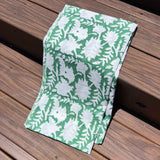 Cotton Block Print Fabric Yardage: Green with White Leaves