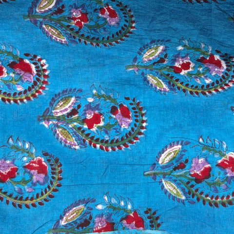 Cotton Block Print Fabric Yardage: Bright Blue With flowers
