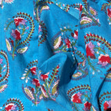 Cotton Block Print Fabric Yardage: Bright Blue With flowers