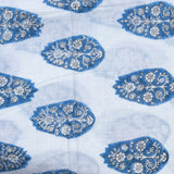 Cotton Block Print Fabric Yardage: White with Blue Flower Motif