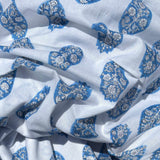 Cotton Block Print Fabric Yardage: White with Blue Flower Motif
