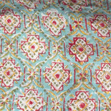 Cotton Block Print Fabric Yardage: Sea Gren with Coral on White