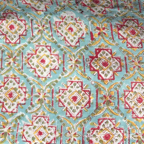 Cotton Block Print Fabric Yardage: Sea Gren with Coral on White