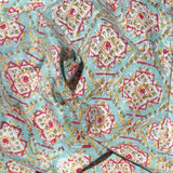 Cotton Block Print Fabric Yardage: Sea Gren with Coral on White