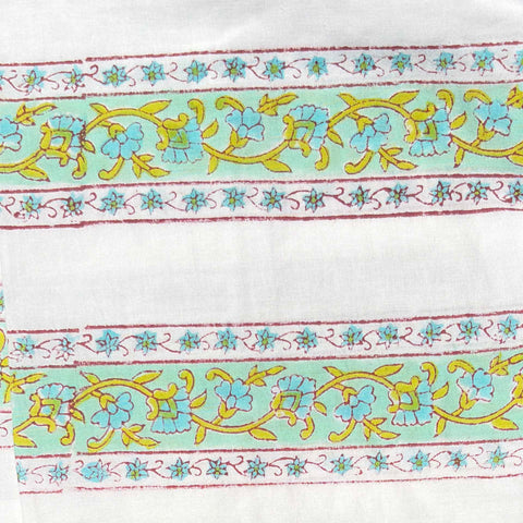 Cotton Block Print pre-cut fabric: Green with Red & Blue flowers Stripes