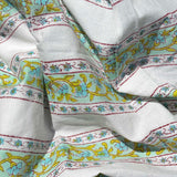 Cotton Block Print pre-cut fabric: Green with Red & Blue flowers Stripes