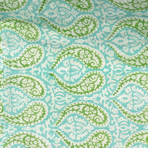 Cotton Block Print Fabric Yardage: Light Green Paisley