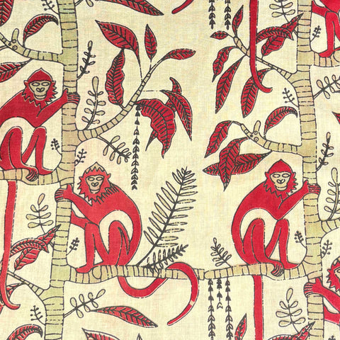 Cotton Block Print Fabric Yardage: Monkey Print